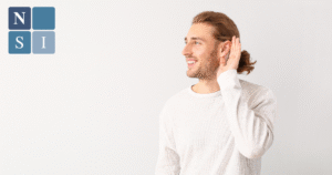 Smiling man cupping his ear to hear better, representing hearing loss symptoms and Eustachian Tube Dysfunction diagnosis at National Sinus Institute
